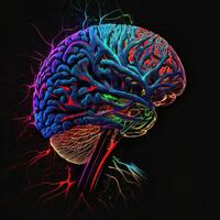 generativo ai cervello arte nft neon e cyberpunk colore, olografia, cosmico sfondo, raggiante digitale cervello ai intelligenza formatura digitalizzato neuroni artificiale intelligenza arte algoritmo. foto