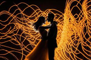 silhouette coppia balli nel davanti di un' parete di luci, esemplificativo il energia e passione nel loro relazione, generativo ai, San Valentino concetto. foto
