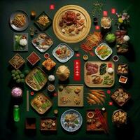 superiore Visualizza di tavolo cena Cinese. poggio fotografia di Cinese cena nuovo anno , vibrante. vietnamita tradizionale pasto nel nazione lato. piatto posizione. foto