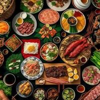 superiore Visualizza di tavolo cena vietnamita. poggio fotografia di famiglia cena nuovo anno , vibrante. vietnamita tradizionale pasto nel nazione lato. piatto posizione. foto