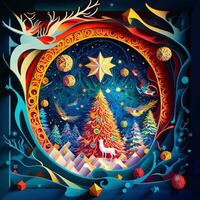 carta tagliare quilling multidimensionale, carta tagliare mestiere, carta illustrazione, Natale albero e colorato luci, vite, stelle, tunnel, cometa, ornato, olio, Natale, Santa claus, neve, colombe foto