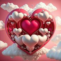 Perfetto decorazioni per san valentino giorno, simmetrico, cuori e nuvole, rosso, rosa, 3d, proffesional studio, super-risoluzione. San Valentino giorno concetto saluto carta foto