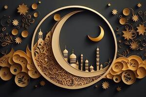 islamico saluto eid mubarak carte per musulmano vacanze.eid-ul-adha Festival celebrazione.arabo Ramadan lanterna . generativo ai quilling carta tagliare mezzaluna islamico con moschea per Ramadan kareem. foto