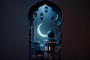 islamico saluto eid mubarak carte per musulmano vacanze.eid-ul-adha Festival celebrazione.arabo Ramadan lanterna . generativo ai mezzaluna islamico con moschea per Ramadan kareem. foto