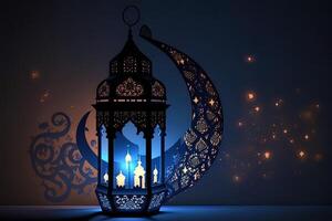 islamico saluto eid mubarak carte per musulmano vacanze.eid-ul-adha Festival celebrazione.arabo Ramadan lanterna . generativo ai mezzaluna islamico con moschea per Ramadan kareem. foto