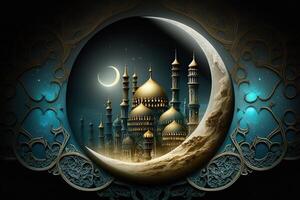 islamico saluto eid mubarak carte per musulmano vacanze.eid-ul-adha Festival celebrazione.arabo Ramadan lanterna . generativo ai mezzaluna islamico con moschea per Ramadan kareem. foto
