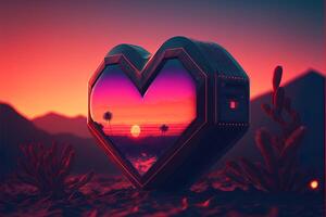 generativo ai San Valentino giorno con retrò stile cuori, amore concetto, retrò onda tramonto, nel stile di synthwave opera d'arte, cinematico colore classificazione, cinematico luce, profondità di campo. foto