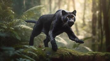 grazioso salto, nero pantera nel il giungla. generativo ai foto