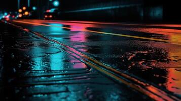 urbano riflessi di neon luci su bagnato asfalto struttura. generativo ai foto