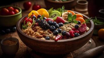 potenziamento dell'immunità grano ciotole avvicinamento delizie, sano grano ciotola traboccante con antico cereali, impulsi, e vivace frutta e verdure generativo ai foto