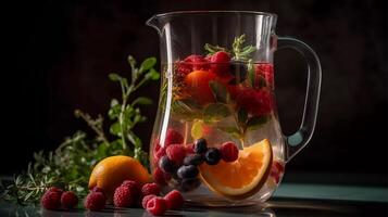 vivace infusa acque, ricco di sostanze nutritive frutta, la verdura, e erbe aromatiche sommerso nel un' chiaro bicchiere brocca generativo ai foto