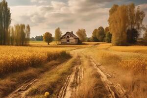 autunno rurale paesaggio con Grano campo su il terra e azienda agricola su il indietro Piano. ai generato foto