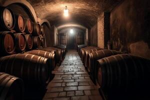 vino botti nel il cantina di il azienda vinicola. ai generato foto