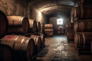 vino botti nel il cantina di il azienda vinicola. ai generato foto