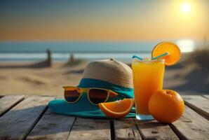 fresco arancia succo con berretto e bicchieri su di legno tavolo con spiaggia sfondo, estate concetto foto. generativo ai foto