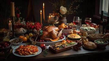 famiglia avere un' celebrazione cena nel festa con vino, Champagne su allegro Natale vigilia su vacanza a casa. arrostito ringraziamento tacchino con lato piatti.ringraziamento celebrazione, generativo ai foto