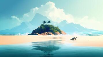 un' mare tartaruga strisciando su il sabbioso spiaggia con un' montagna nel il sfondo. ai generato. foto