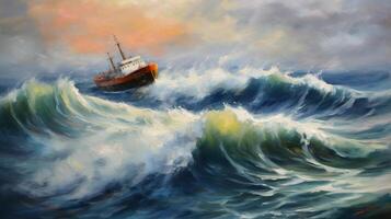 impressionista pittura, mare, nave, tempesta, grande onda illustrazione ai generativo foto