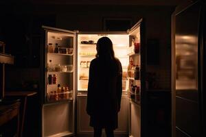 Affamato donna guardare per cibo nel frigo a notte. generativo ai foto