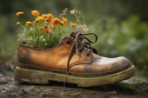 generativo ai, vecchio stivale con prato primavera fiori, fatto a mano scarpa fioriera. ambientale attivismo concetto foto