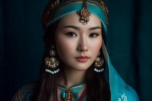 ai generato bellissimo kazakh asiatico donna ritratto nel nazionale costume. donna con bambino foto