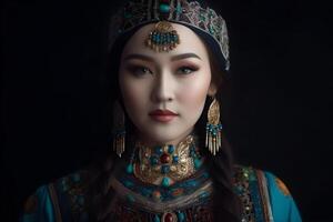 ai generato bellissimo kazakh asiatico donna ritratto nel nazionale costume. donna con bambino foto