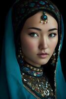 ai generato bellissimo kazakh asiatico donna ritratto nel nazionale costume. donna con bambino foto