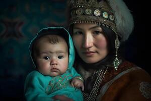 ai generato bellissimo kazakh asiatico donna ritratto nel nazionale costume. donna con bambino foto