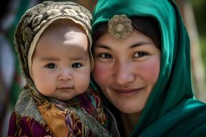 ai generato bellissimo kazakh asiatico donna ritratto nel nazionale costume. donna con bambino foto