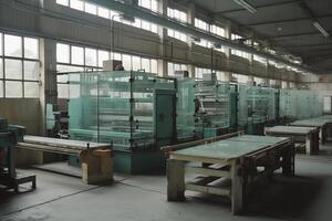 sfondo di un' fabbrica con macchinari su un' bicchiere produzione linea. ai generato foto