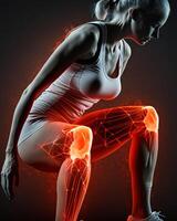 donna sofferenza a partire dal dolore nel ginocchio, esercizio infortunio e osteoartrite, tendine problema e artrite su buio sfondo. ai generativo foto