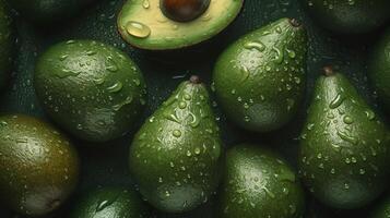 generativo ai, macro fresco succoso metà e totale di verde avocado frutta sfondo come modello. avvicinamento foto con gocce di acqua