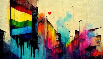 generativo ai, arcobaleno lgbt orgoglio bandiera colori come graffiti su il parete, strada arte. inchiostro colorato graffiti arte su un' strutturato carta Vintage ▾ sfondo foto