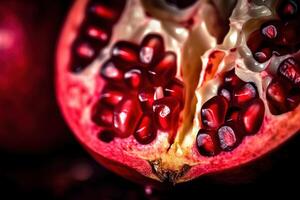 generativo ai, macro fresco succoso metà di Melograno frutta sfondo. avvicinamento foto