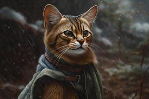 generativo ai, abissino gatto avventuriero nel inverno foreste. olio pittura di carino animale domestico, animale indossare Abiti. foto