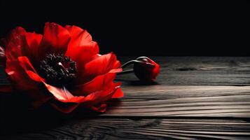 rosso papavero come un' simbolo di memoria per il caduto nel il guerra. ve-giorno, mondo guerra ricordo giorno. generativo ai illustrazione foto