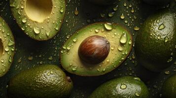 generativo ai, macro fresco succoso metà e totale di verde avocado frutta sfondo come modello. avvicinamento foto con gocce di acqua