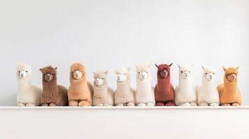 generativo ai, gruppo di positivo diverso colori di alpaca o lama, divertente animali. individualità, indipendenza, pensare diverso, creativo idea, diversità e compreso concetto. foto