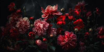 generativo ai, vicino su di fioritura aiuole di sorprendente rosso colore fiori su buio lunatico floreale strutturato sfondo. fotorealistico effetto.. foto