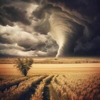 tornado infuria attraverso un' campo. illustrazione ai generativo foto