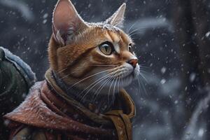 generativo ai, abissino gatto avventuriero nel inverno foreste. olio pittura di carino animale domestico, animale indossare Abiti. foto