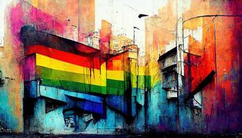 generativo ai, arcobaleno lgbt orgoglio bandiera colori come graffiti su il parete, strada arte. inchiostro colorato graffiti arte su un' strutturato carta Vintage ▾ sfondo foto