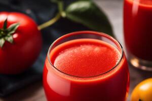 fresco pomodoro succo nel un' bicchiere su un' di legno sfondo, avvicinamento. salutare cibo concetto. generativo ai foto