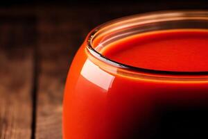 fresco pomodoro succo nel un' bicchiere su un' di legno sfondo, avvicinamento. salutare cibo concetto. generativo ai foto