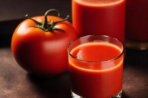 fresco pomodoro succo nel un' bicchiere su un' di legno sfondo, avvicinamento. salutare cibo concetto. generativo ai foto