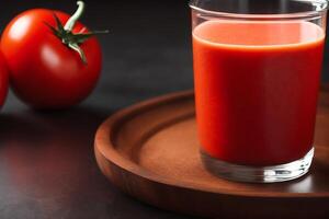 fresco pomodoro succo nel un' bicchiere su un' di legno sfondo, avvicinamento. salutare cibo concetto. generativo ai foto