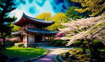 giapponese tempio nel primavera con fioritura ciliegia albero. digitale pittura..acquerello dipingere. digitale arte, generativo ai foto