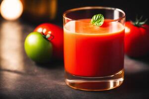 fresco pomodoro succo nel un' bicchiere su un' di legno sfondo, avvicinamento. salutare cibo concetto. generativo ai foto