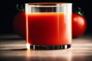 fresco pomodoro succo nel un' bicchiere su un' di legno sfondo, avvicinamento. salutare cibo concetto. generativo ai foto