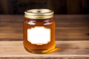 miele nel un' bicchiere vaso su un' di legno sfondo. selettivo messa a fuoco. salutare cibo concetto. generativo ai foto